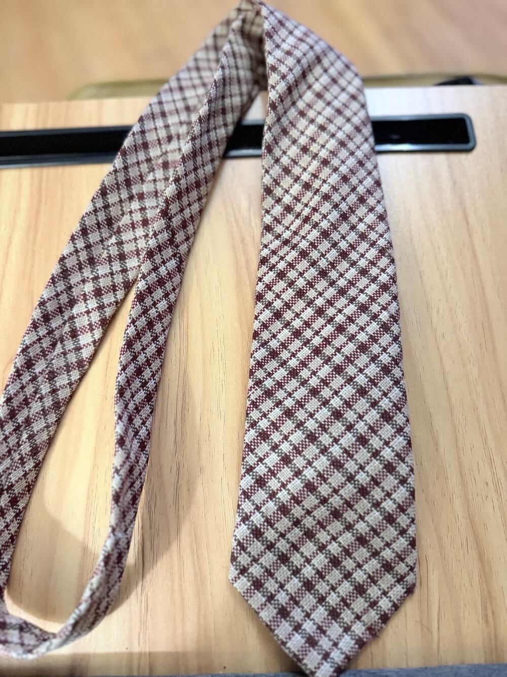 Pure New Wool Necktie Brown Cream Glen Plaid Check Woolmark Mens Tie